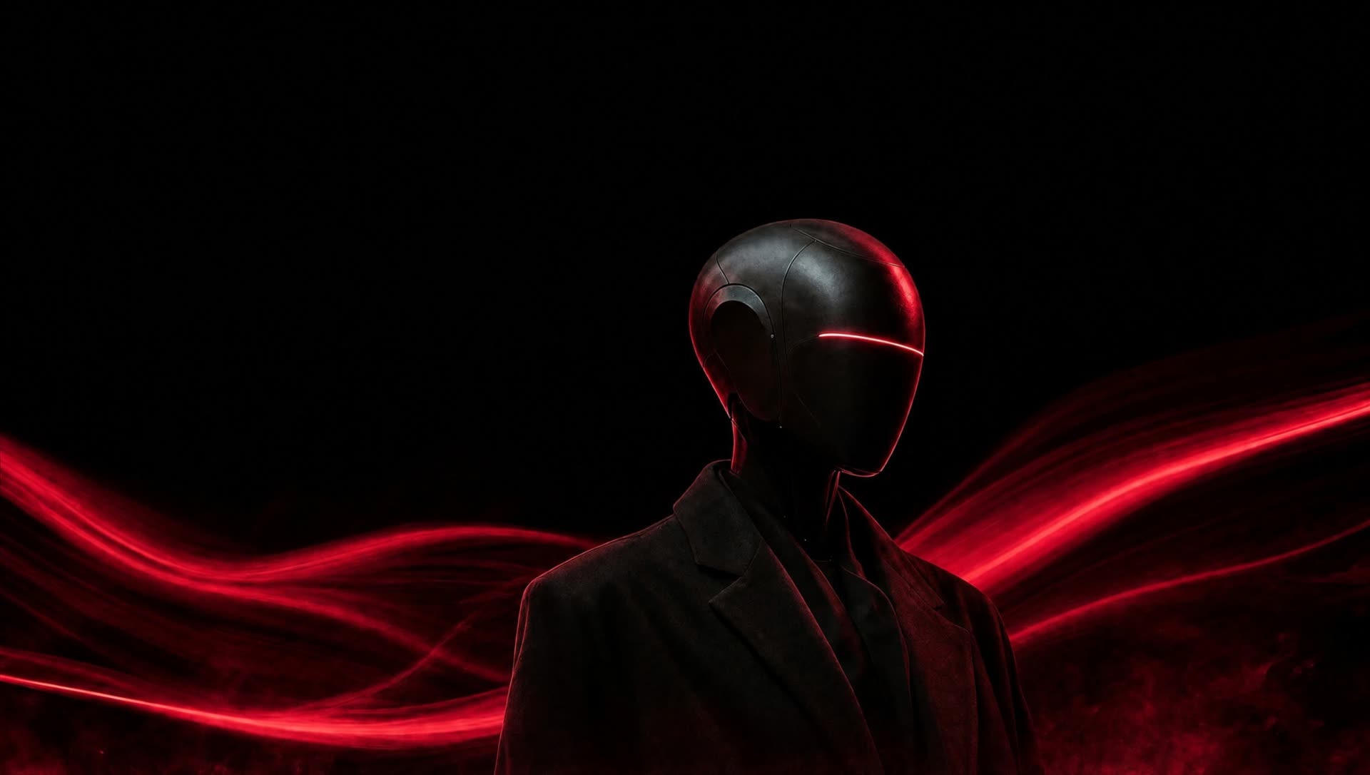 Maniquí oscuro con una línea de luz roja en el rostro, vestido con abrigo negro, entre ondas de luz roja sobre fondo negro